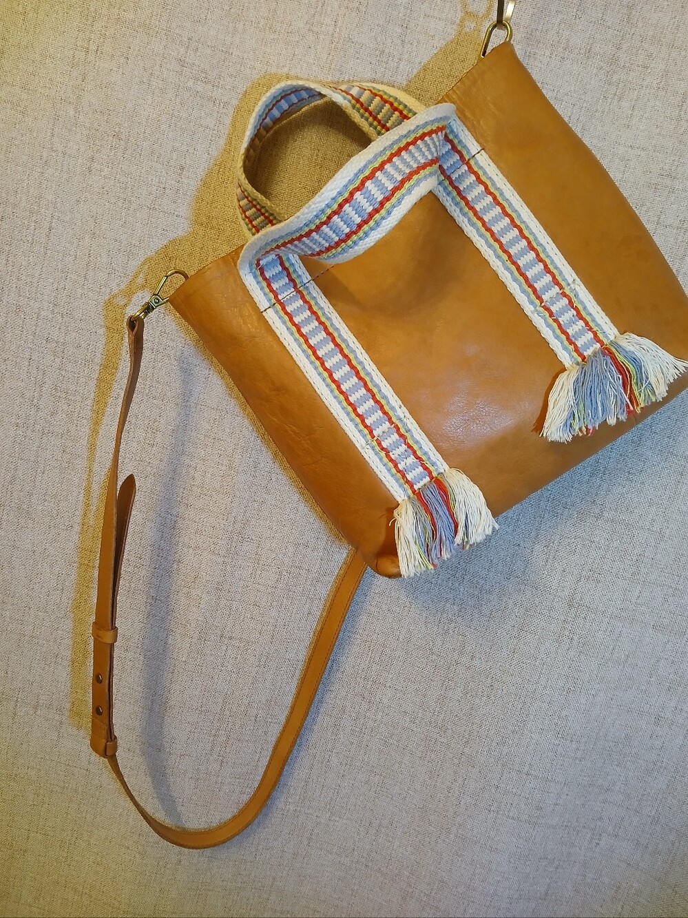 Madewell Cognac Leather Tote with Striped Tassel Handles Vintage